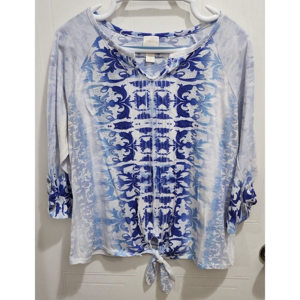 Chico's Women's 3/4 Sleeve’s Embellished Tie Front Blouse Top Blue Size‎ 2 (L)